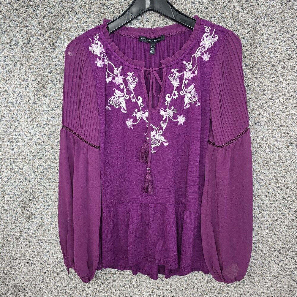 White House Black Market Top Womens XXS Purple Embroidered Blouse Neck Tie